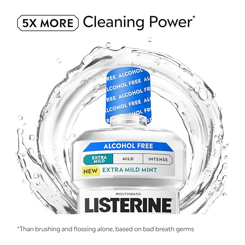 Image of Listerine Extra Mild Alcohol Free Mouthwash, Cool Mint, 33.8 fl. oz /1L | No Burn, Clinically Proven Essential Oils Kill 99.9% of Germs That Cause Bad Breath, Dye Free Oral Rinse