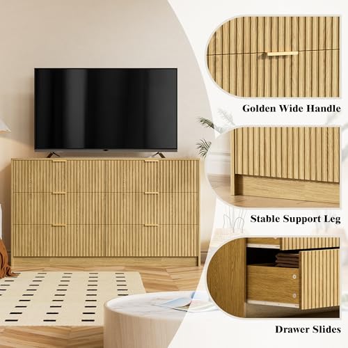 Image of Furniway 3 Piece Bedroom Set, 6 Drawer Dresser and 3-Drawer Nightstand Set of 2 with Gold Handles, Mid-Century Modern Wood Chest of Drawers Storage Cabinet for Bedroom, Natural Oak