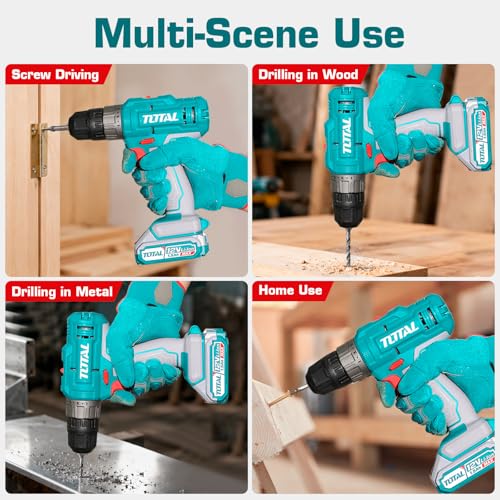 Image of TOTAL 12V Cordless Drill Machine, 25Nm, 2 x 1.5Ah Batteries, 10mm Chuck | 15+1 Torque Settings, 2-Speed Control Up to 1500RPM, Reverse Function, LED Work Light and Carrying Case Included