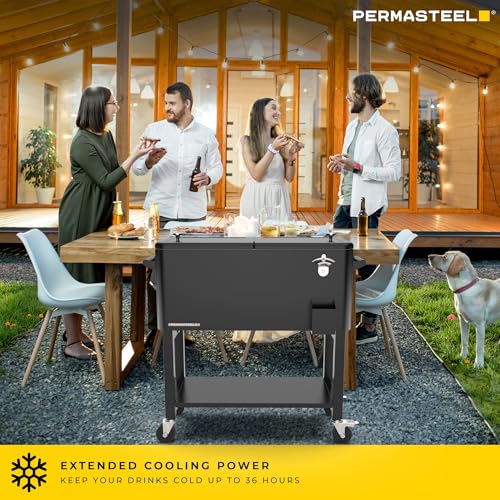 Permasteel 80-Qt Large Outdoor Patio Cooler with Wheels & Handles, Portable Rolling Ice Cooler Cart with Detachable Basin, Stand & Bottom Storage Shelf for Outdoor Entertaining, Black by Permasteel - Image 2