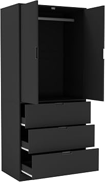 URBNLIVING Modern 2 Door Wardrobe with 3 Drawers & Hanging Rail, Stylish Freestanding Storage, Spacious Interior, Durable Chipboard Build, Easy to Assemble Bedroom Furniture