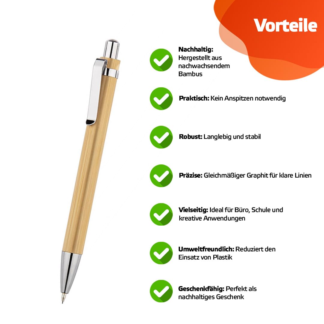WPRO Druckbleistift Bambus Set 250 Stück | Mechanischer Bleistift ohne Anspitzen mit gleichmäßigem Minenvorschub und Metall Clip für Büroarbeitsplätze Ben