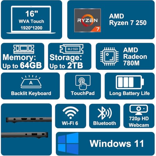 Image of Dell 16 Laptop 16 inch WUXGA Touchscreen AMD 8-core Ryzen 7 250 16GB RAM 1TB SSD Backlit ExpressCharge Wi-Fi6 for Creator Designer Business Professional Work Win11