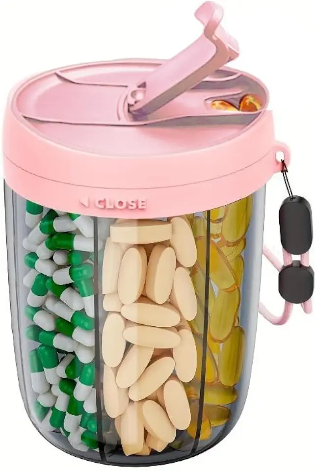 Large Pill Bottle Organizer - Supplement Organizer for Holding 6 Various Vitamins - Pill Box Case with Anti-Mixing & Wide Opening Design, Easy to Retrieve Meds, Includes 28 Pcs Stick-on Labels (Pink)