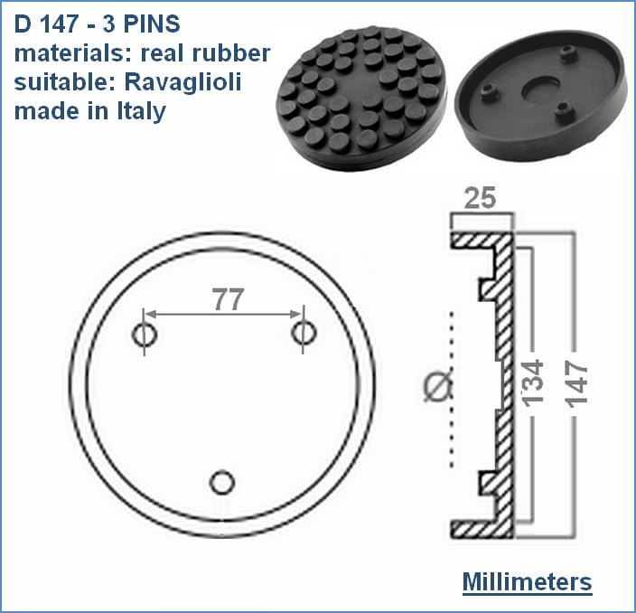 Stranieri Kit 4 Pezzi TAMPONI Diametro 147 mm in Vera Gomma con 3 pioli per Ponti SOLLEVATORI 2 COLONNE compatibili Ravaglioli