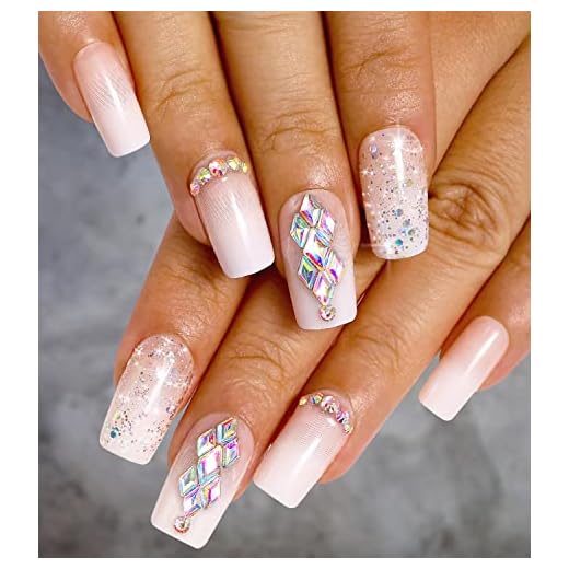 Artquee 24pcs French Tip Press on Nails Medium Length Nude White Ombre Square Fake Nail Art Rhinestones Glitter Designs Acrylic Nails Artificial Glossy Nails in 12 Sizes Stick on False Nails for Women