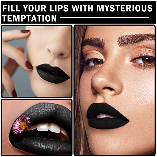 2Pcs Black Matte Lipstick And Lip Liner Set, Velvet Liquid Black Lip Gloss Matte Black Lipstick Non Stick Cup Lip Stain Waterproof Long Lasting Lipstick For Christmas Halloween Goth Black Makeup Set #TOP5