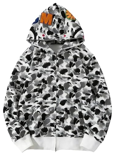 RICK TOP ONE White Grey S Womens Shark Zipper Hoodies Camo Shark Full Zipper Jackets for Men Couple Hooded for Teen