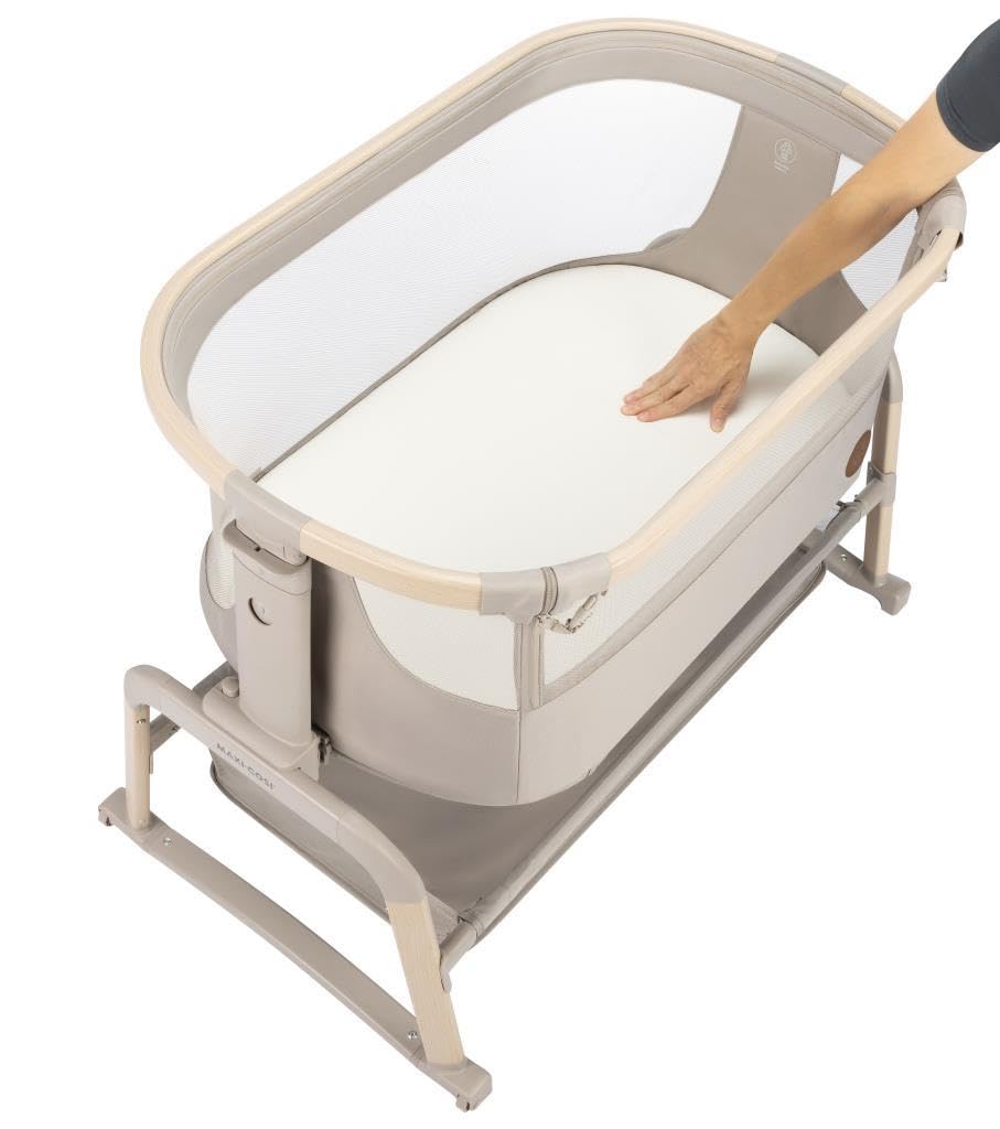 Maxi-Cosi Iora Air Lettino neonato, lettino co-sleeping con materasso imbottito, funzione dondolo, regolabile in altezza, reclinabile,tessuti riciclati ecologici e traspiranti, 0-9 kg, Beige