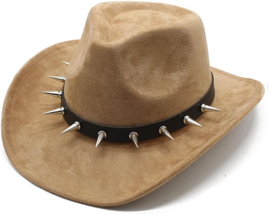 Black Western Cowboy Hat with Metal Spike Studs, Faux Suede, Wide Brim, Unisex Adult