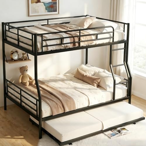 Mixcous Full XL Over Queen Bunk Bed with Trundle Heavy-Duty Metal Frame Full-Length Guardrails & EVA Padded Ladder Convertible to 3 Beds for Teens and Adults No Box Spring Needed Black