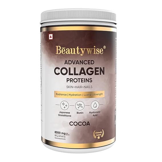 Beautywise Advanced Marine Collagen Proteins Powder With Hyaluronic Acid, Glutathione & Biotin | No Smell & Easy To Mix With No Added Sugar 250G(Cocoa Pack Of 1)