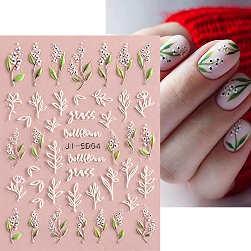 Flower Nail Art Stickers 5D Embossed Spring Summer Nail Stickers Decal Nail Art Supplies For Acrylic Nail Pink White Floral Leaf Cherry Blossom Adhesive Nail Design For Women Girls Manicure Decor #TOP2