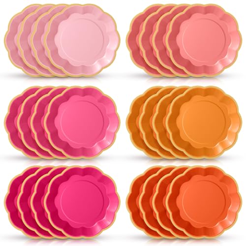 Tiangrid 72 Pcs Pink and Orange Paper Plates 9 Inch Pink and Orange Scalloped Paper Disposable Dinner Dessert Plates for Birthday Wedding Bridal Party Supplies, 6 Colors