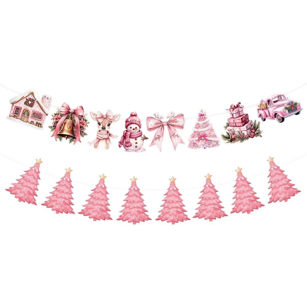 Ppmter Pink Merry Christmas Banner Christmas Decorations Hanging Christmas Bunting Banner Decoration For Home Office Xmas Decorations Party Supplies