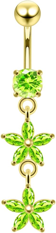 Yellow Gold Plated CZ Stone Round with Double Daisy Flower Dangling Design 925 Sterling Silver with 14 Gauge, 10mm Length Stainless Steel Belly Ring - Belly Button jewelry - Navel jewelry