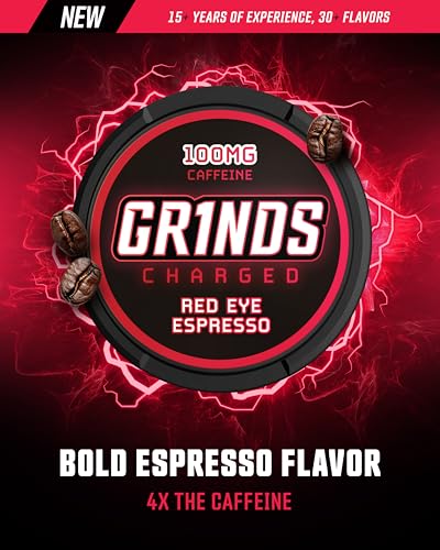 grinds coffee pouches  tobacco free nicotine free healthy alternative  3 cans 12 pouches per can  4x caffeine 100mg per pouch red eye espresso