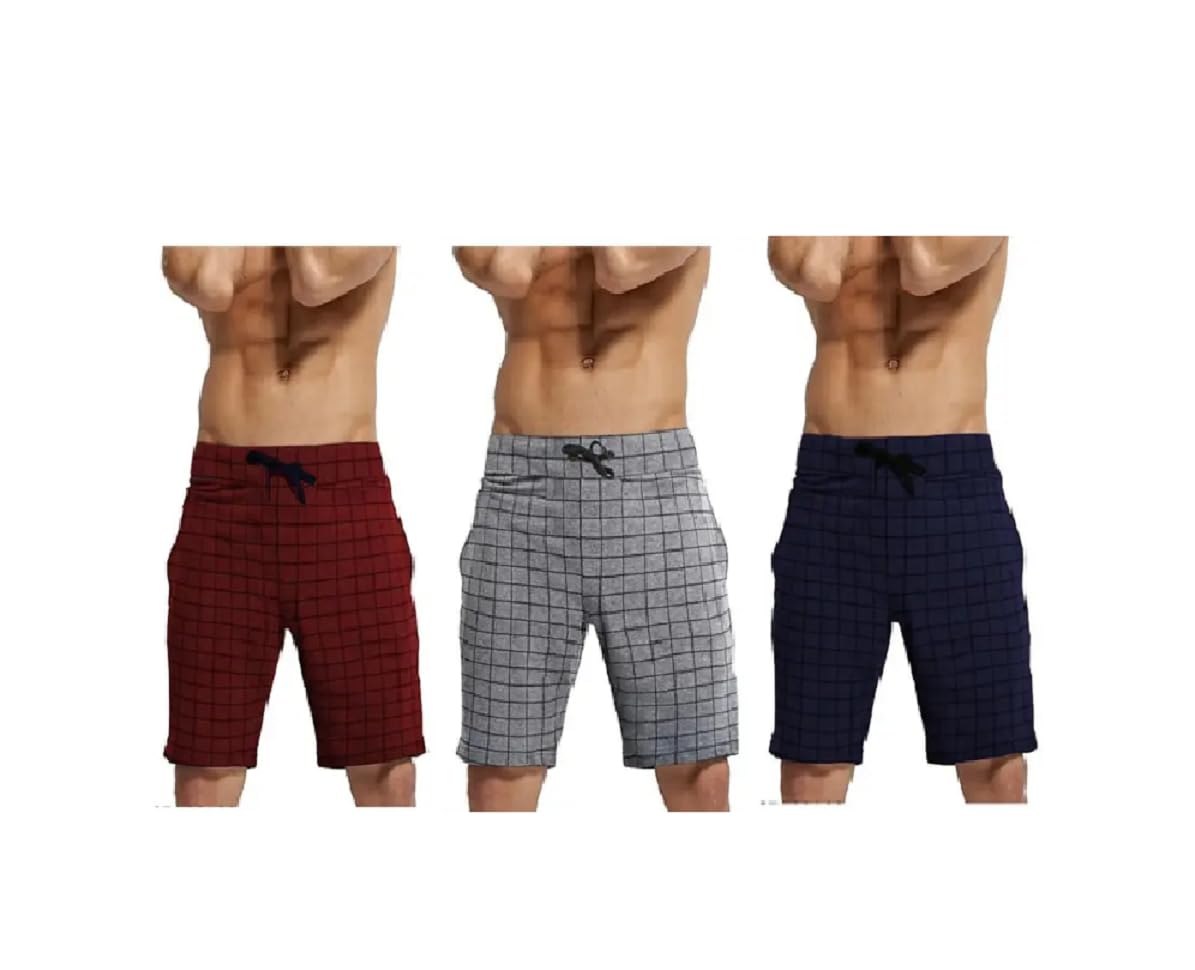 Men Checked Shorts | Causal Shorts with Side Zipper Pockets | Feels Comfortable | Pack of 3