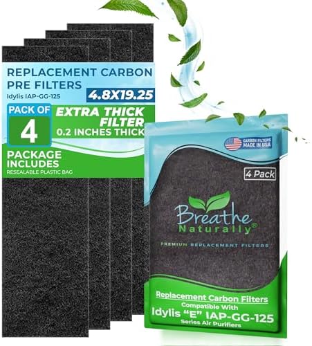 Breathe Naturally - Replacement Carbon Filter 4-Pack for Idylis IAP-GG-125, Compatible with Idylis Air-Purifier Filter E, Fits Multiple Models - Plastic, Black – Made in USA, Weight - 2.39 Ounces