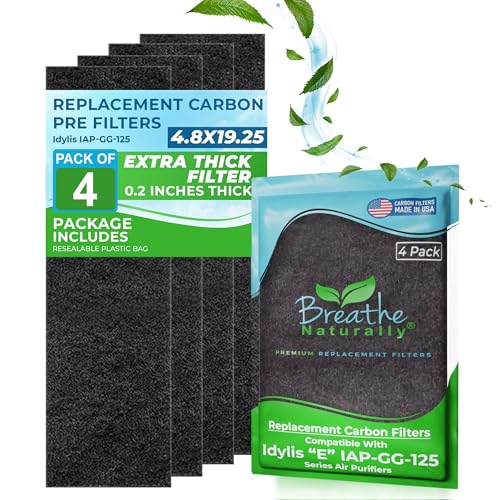 Breathe Naturally - Replacement Carbon Filter 4-Pack for Idylis IAP-GG-125, Compatible with Idylis Air-Purifier Filter E, Fits Multiple Models - Plastic, Black – Made in USA, Weight - 2.39 Ounces