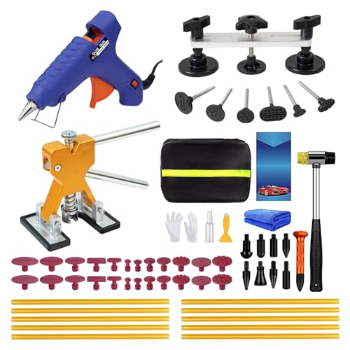 DIQDI 59PCS Paintless Dent Repair Kit – Professional Dent Puller for Small to Medium Dents, Auto Dent Removal Tool with Golden Lifter & Bridge Puller, Hot Glue Body Repair Set for Door Dings