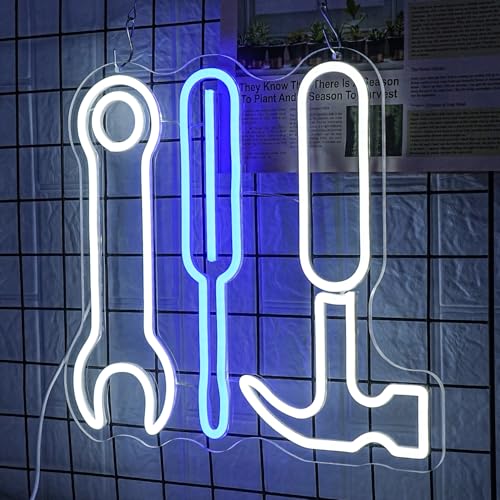 Image of Tool Set Neon Sign Garage Neon Sign for Wall Decor LED Neon Lights for Hardware Shop USB Dimmable Neon Sign for Man Cave Workshop Garages, or Shops 12.9x13.7 Inches
