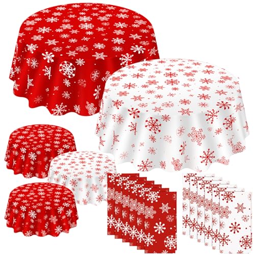 Ganeen 12 Pcs Christmas Tablecloth Red White Snowflake Round Plastic Winter