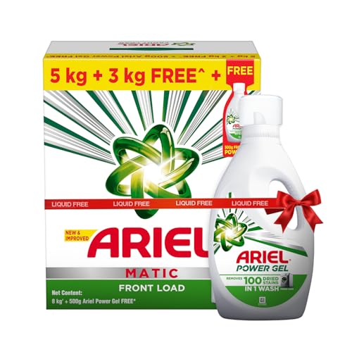 Image of Ariel Matic Detergent Powder Front Load - 5kg + 3kg + 500g Liquid free | Removes 100 Tough Stains in 1 wash | Specially Designed for Washing Machines | Fresh Fragrance