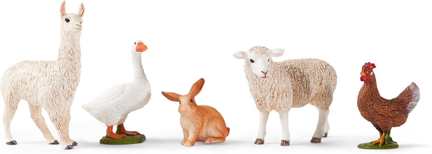 Schleich 5-Piece Cute Farm Animal Figurines Set - Llama, Rabbit, Sheep, Rooster, Goose