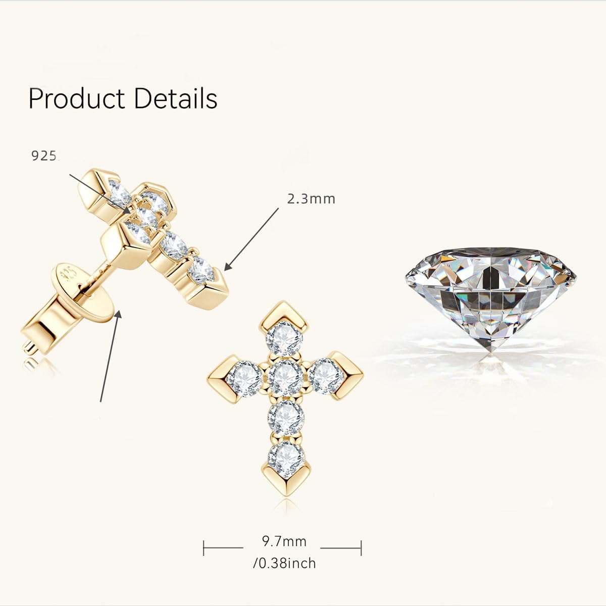 14K Gold Diamond Cross Stud Earrings for Women, 1.6ct.t.w. Diamond Earrings Studs VVS1 Clarity, Mother's Day Gift for Her