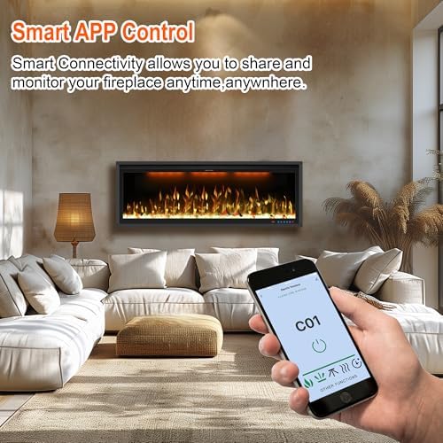 74" Smart Electric Fireplace Inserts,Slim Fireplace with APP Control & Remote Control& Touch Panel,13 Adjustable Flame Color&13 Fuel Bed Colors,750W/1500W,Black - Thumbnail 3