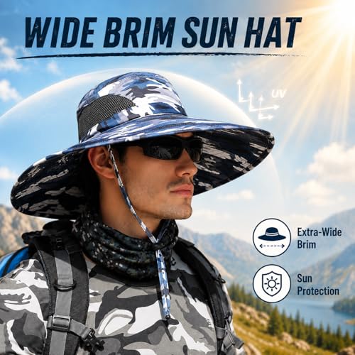 Image of HUAMULAN Wide Brim Sun Hats Men and Women Bucket Safari Fishing Hat for Hiking Garden Lawn Work Camping Outdoor