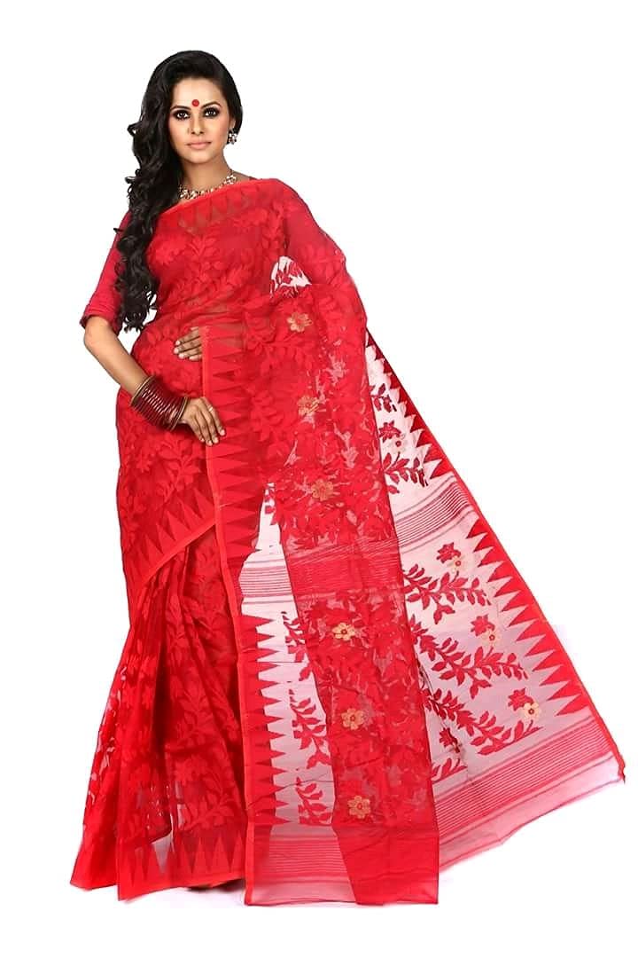 Chhanda HandloomWomen's Jamdani Synthetic Saree With Blouse Piece (Chhanda Handloom 42_Red)