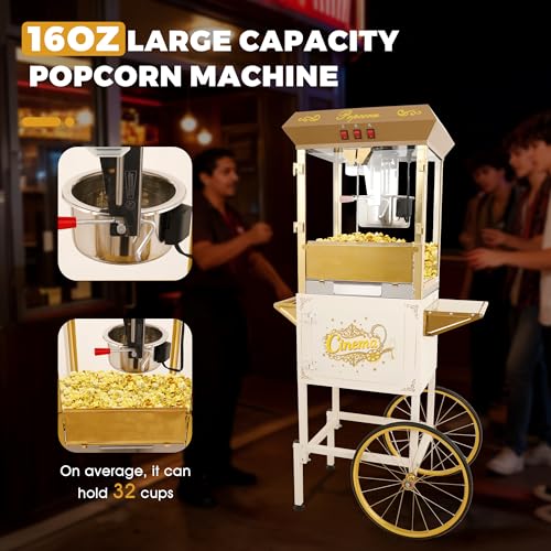 Image of Popcorn Machine with Cart & 16oz kettle for Home /Commercial (Beige) | 850W, Large Capacity, Easy to Use /Clean, Vintage Movie Theater Style, 3 Easy Switches, with Storage, 4 Spoons