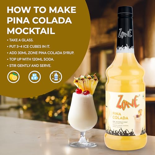 Image of Zone Pina Colada Flavoured syrup 1000ml | Exotic Coconut Pineapple Syrup & Drink Mixer for Cocktails, Mocktails, Smoothies, Milkshakes, Iced Coffees & Tropical Beverages | More Servings, Perfect For Cafe Restaurants & Professional Use |