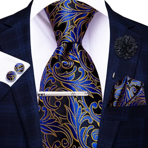 Image of Hi-Tie Blue Gold Flower Neckties for Men Jacquard Classic Tie and Pocket Square Lapel Pin Silver Tie Clip Cufflinks Set Wedding Business 6PCS