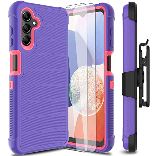 Leptech LFYA1401 For Samsung Galaxy A14 5G Phone Case With Tempered Glass Screen Protector, [Holster Series] Belt Clip Hard Tough Full Heavy Duty Rugged Military Shockproof Armor Cell Phone Cover  cover