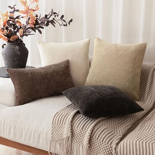 Image of Foindtower Pack of 2 Textured Chenille Throw Decorative Pillow Covers Square Accent Solid Cushion Cover Neutral Farmhouse Lumbar Pillow Case for Couch Sofa Bedroom Living Room 12x24 Inch,Red Brown