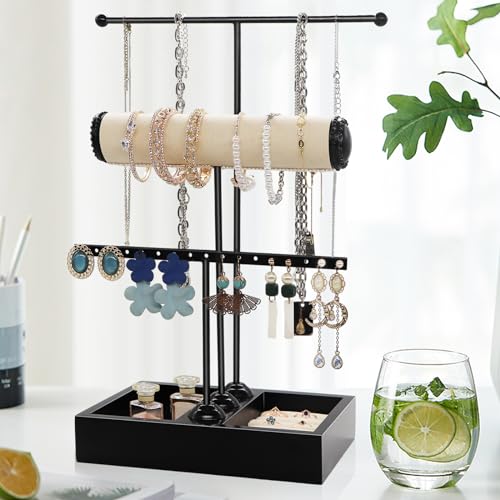 TOOKNIN Jewelry Organizer Stand Necklace Holder,3-Tier Earring Holder Organizer Display Black Jewelry Towers Organizer Holder for Earrings Necklaces Bracelets Watches and Rings