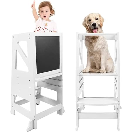Toddler Kitchen Stool Helper - Toddler Tower with Message Boards & Safty Rail, Adjustable Height Kids Kitchen Step Stool, Chalkboard and Whiteboard, Anti-Slip Protection,Wooden Toddler counter (White)