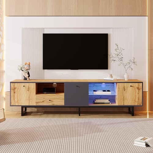 Rtopsu TV-Schrank 190 cm Länge, Fernsehtisch Lowboard mit LED-Licht für Fernseher bis zu 85 Zoll, TV Lowboard Fernsehschrank mit 3 Türen und Stauraum Schubladen für Wohnzimmer Schlafzimmer, Natur