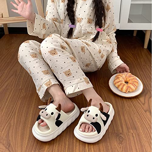 Cute Cow Slippers, Kawaii Fuzzy Milky Cow Slides, Winter Warm Milk Cow House Slippers, Indoor Cozy Cartoon Animal Slipper House Shoes for Women Men (Linen Cow,6 Women/5 Men)2