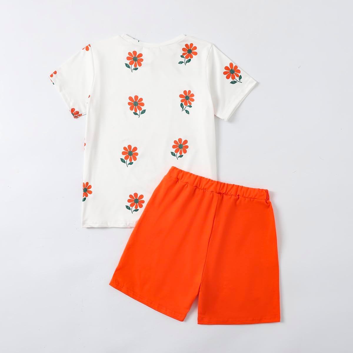 9-12 Years Girl 2 Piece Outfits Floral Print Short Sleeve T-Shirt + Elastic Waist Shorts Set Cute Summer Clothing.