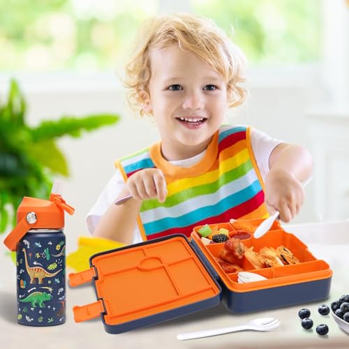 Bevalsa Lancheira infantil Bento com 6 compartimentos, garrafa de água de metal de aço inoxidável, b