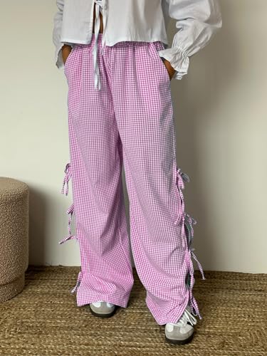 Image of Y2K Gingham Pants for Women Bow Tie Side Slit Wide Leg Lounge Bottom Plaid Checkered Loose Fit Going Out Pants