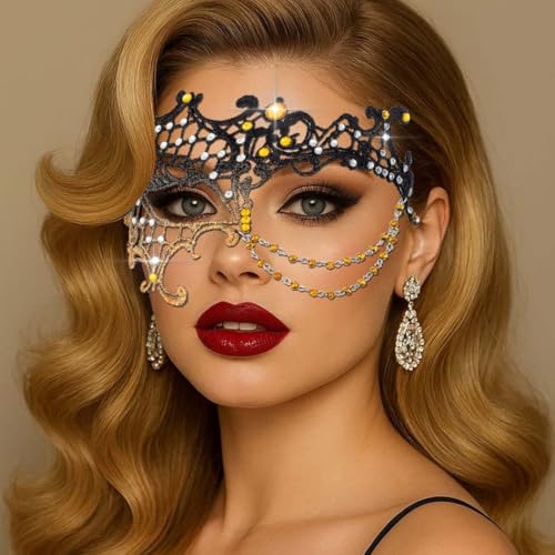 Flimire Masquerade Lace Mask for Women Rhinestone Half Eye Mask Sparkle Beads Costume Party Masks (Gold)