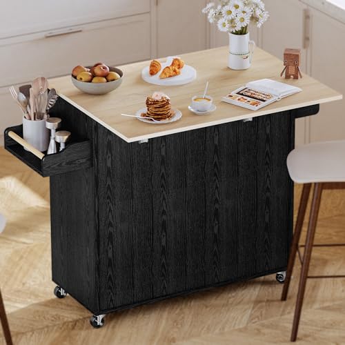 IRONCK Kitchen Island with Storage, Rolling Kitchen Island on Wheels with Drop Leaf, Charging Station, 3 Open Spice Rack, Cabinet, Drawer, Kitchen Cart Island Table for Kitchen, Black