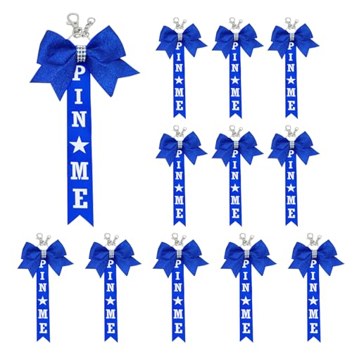 12 Pcs Cheer Pin Me Ribbon for Backpack Bow Keychain with Glitter Rhinestones Bow Cheer Competition for Girls Cheerleading Sports Accessory Gifts (Blue)