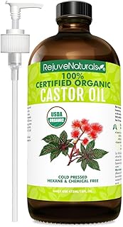 RejuveNaturals Organic Castor Oil (16oz Glass Bottle) USDA Certified Organic, 100% Pure, Cold Pressed, Hexane Free. Boost Hair Growth for Hair, Eyelashes & Eyebrows. Natural Dry Skin Moisturizer