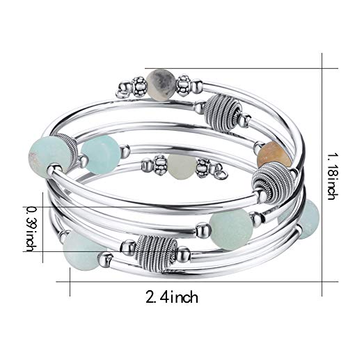 Pearl&Club Beaded Chakra Bangle Turquoise Bracelet - Fashion Jewelry Wrap Bracelet With Thick Silver Metal And Mala Beads, Birthday Gifts For Women (Agate Green) #TOP2